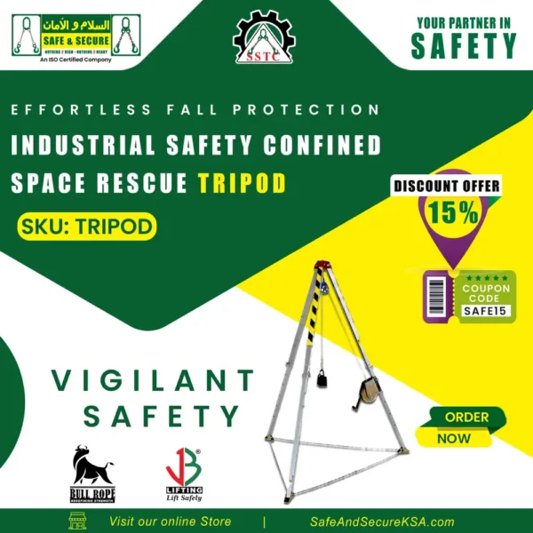 Industrial safety confined space rescue tripod used for safe entry and rescue operations in confined spaces in Saudi Arabia