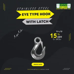 Stainless steel eye type hook with latch for secure lifting and load handling in Saudi Arabia