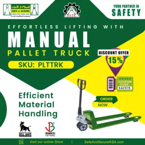 Manual pallet truck used for efficient material handling and transportation in warehouses and industrial settings in Saudi Arabia